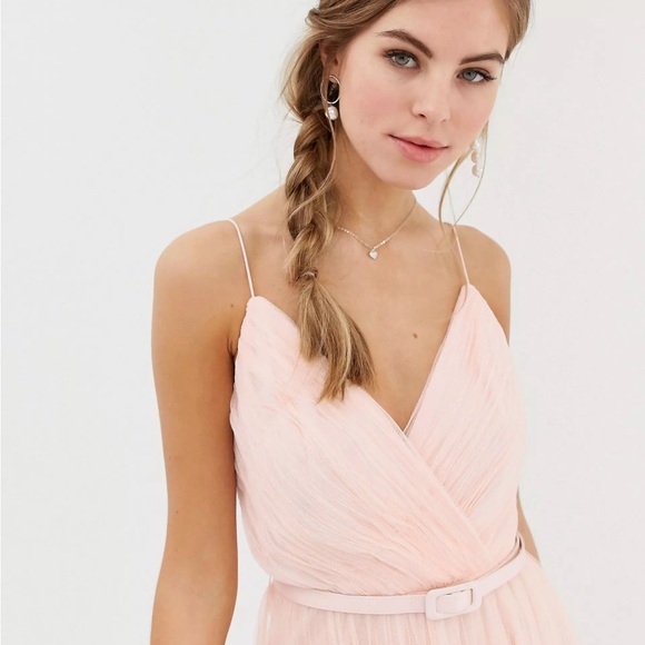 asos design belted pleated tulle cami midi dress ASOS DESIGN Bridesmaid cami pleated tulle midi dress in Sage